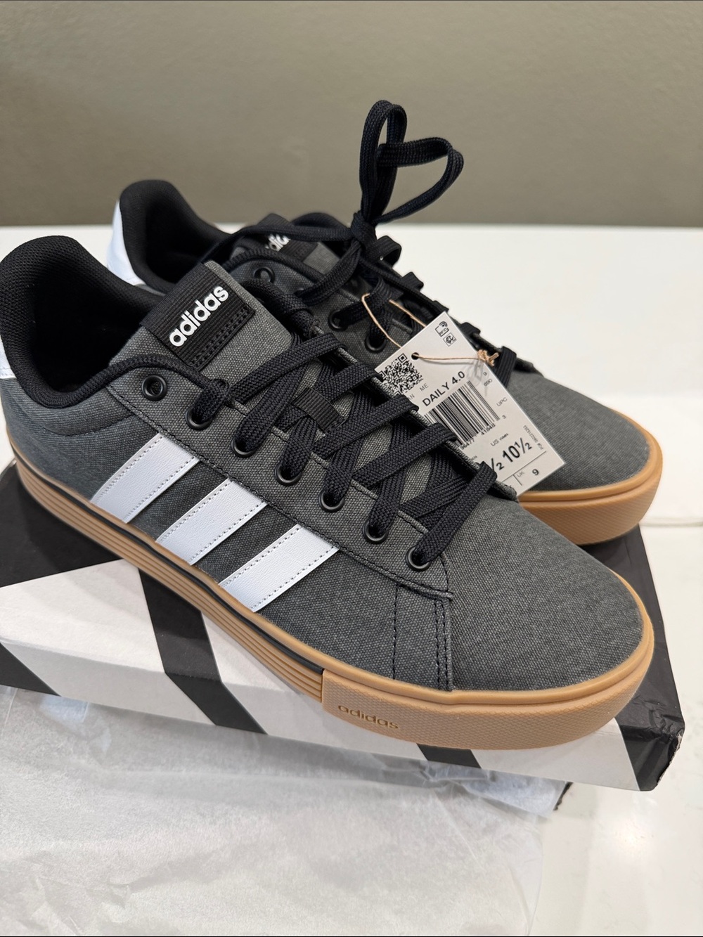 adidas Men’s Gray Sneakers with White Stripes and Gum Sole
